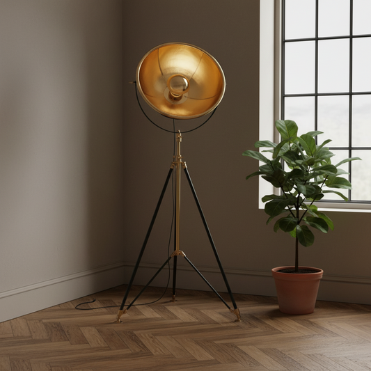 Tall Black & Brass Tripod Searchlight Floor Lamp