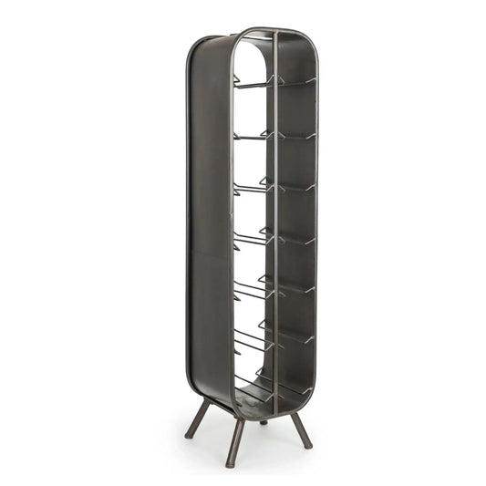 Tall black metal shoe rack on a white background