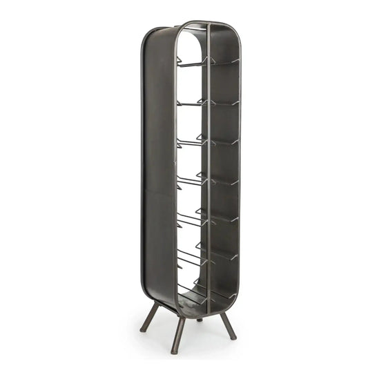 Tall black metal shoe rack on a white background