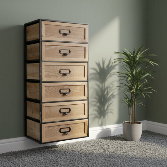 Wooden drawer unit with black frames against a green wall with a plant.