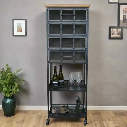 Tall metal shelving unit with glass doors in a room with a plant and framed pictures on the wall.