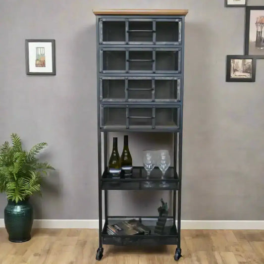 Tall metal shelving unit with glass doors in a room with a plant and framed pictures on the wall.