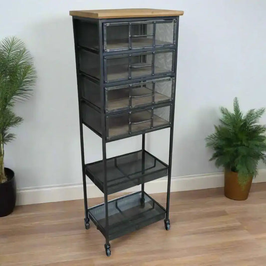 Tall metal storage unit with glass panels on wheels against a white wall with two potted plants.