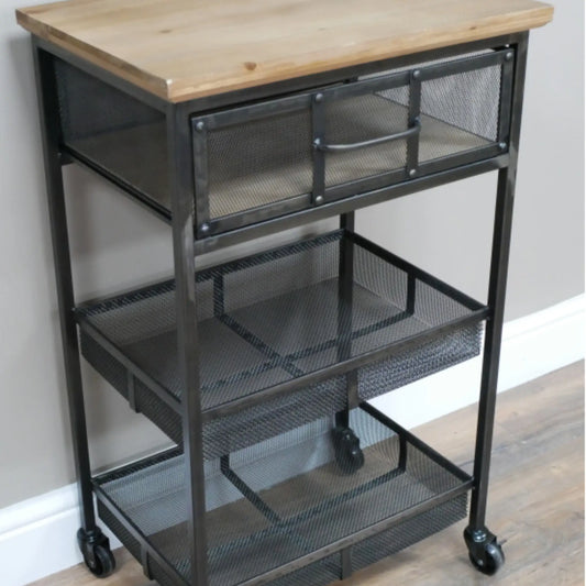 Metal utility cart with wooden top on a wooden floor.