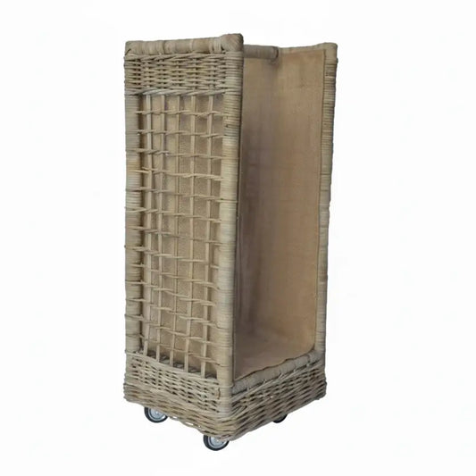 Wicker laundry basket with wheels on a white background