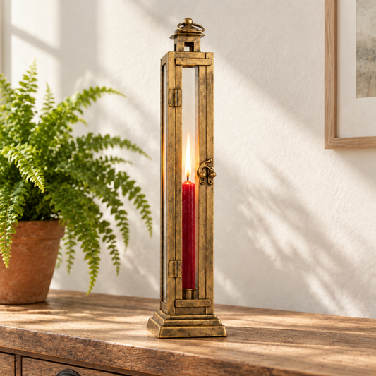 A tall rectangular brass lantern-style candle holder with glass panels, shown lit with a red taper candle inside, set against a neutral gray background.