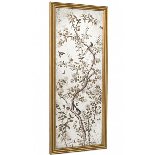 A tall, narrow framed wall art piece featuring a delicate botanical print of branches, leaves, and birds in muted brown and beige tones on an off-white background, enclosed in a gold frame.