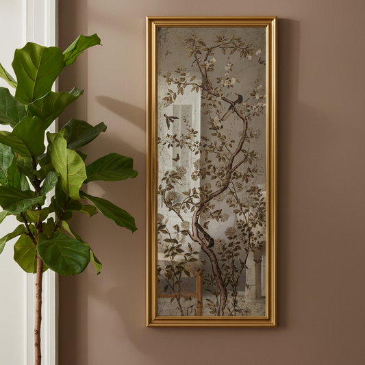 A tall, narrow framed wall art piece with a botanical print of branches, leaves, and birds, displayed on a warm taupe wall next to a green potted plant.