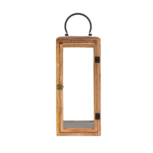 Wooden lantern with a black handle on a white background