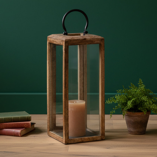 Wooden lantern with a candle on a wooden surface against a green wall.