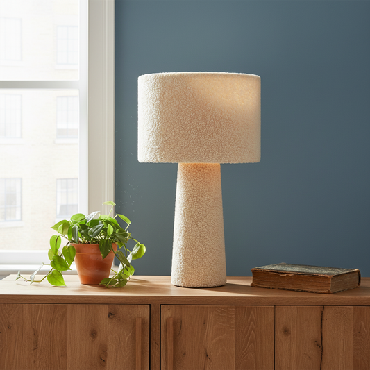 Table lamp with textured beige shade on a wooden surface next to a plant and book against a blue wall.