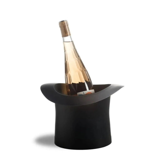 Wine bottle in a black ice bucket on a white background