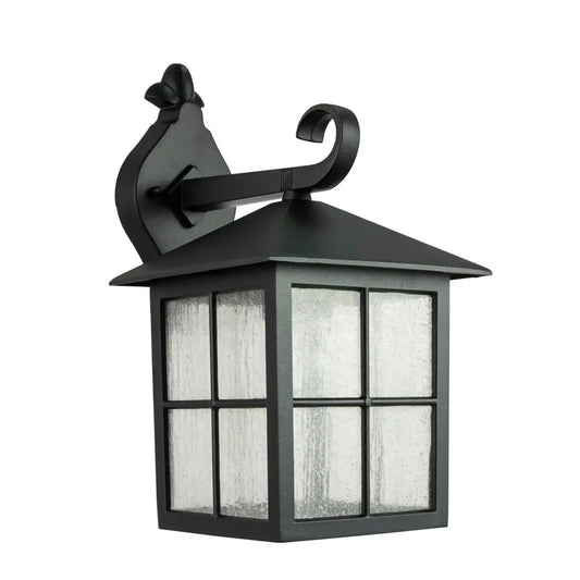 Black outdoor wall light fixture with glass panels on a white background