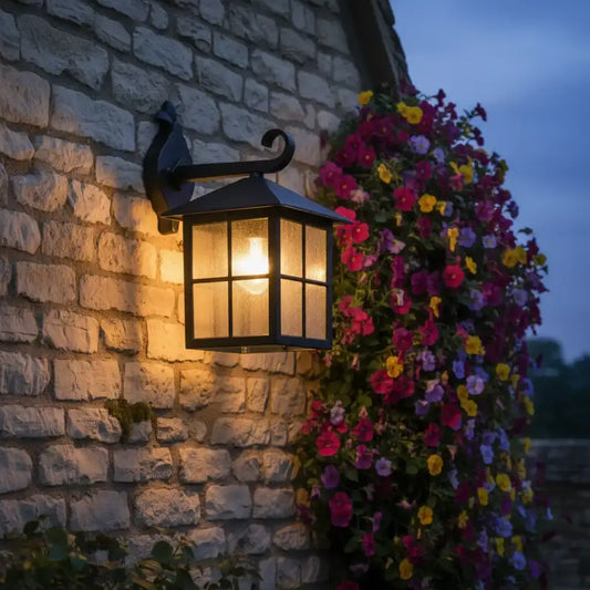 Decorative outdoor light fixture on a stone wall with flowers.