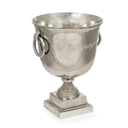 Silver champagne cooler with 'Champagne' engraving on a white background