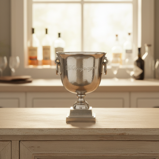Silver champagne cooler on a wooden surface with a blurred background