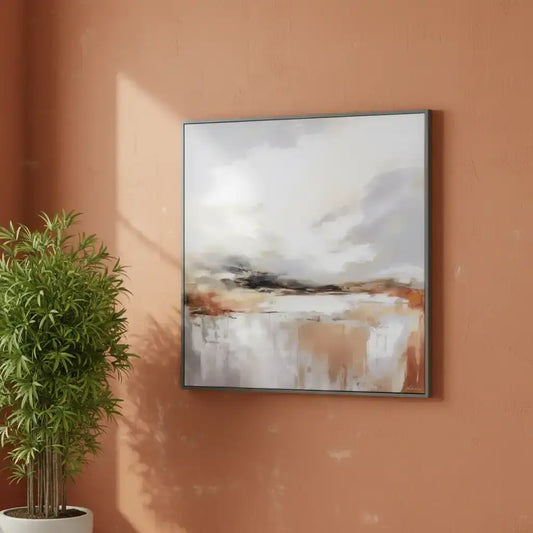 Abstract painting on a wall with a potted plant beside it