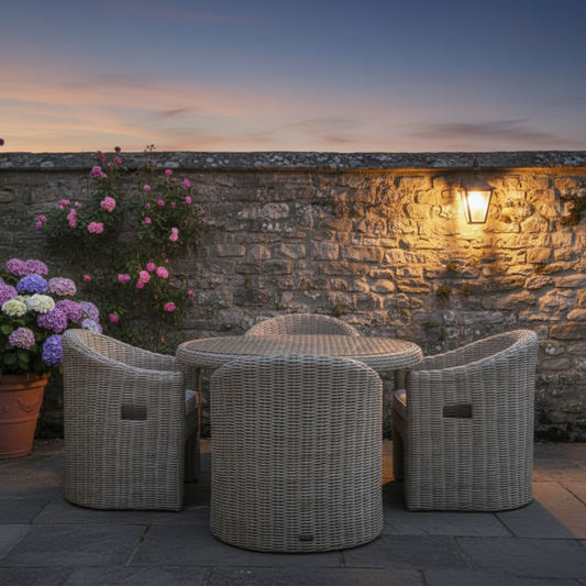 Outdoor patio set with wicker chairs and table against a stone wall at dusk.