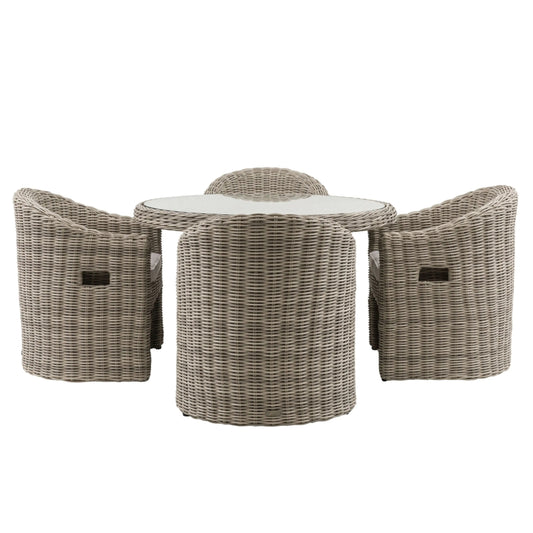 Wicker outdoor furniture set with table and chairs on a white background