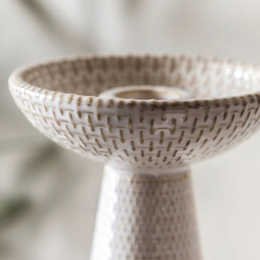 Two White Reactive Glaze Ceramic Candle Stick Set