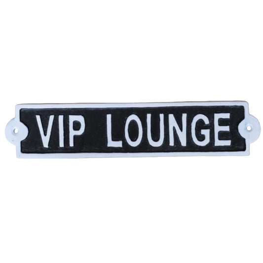A rectangular black and white sign reading 'VIP LOUNGE' mounted against a light brown wooden plank background.