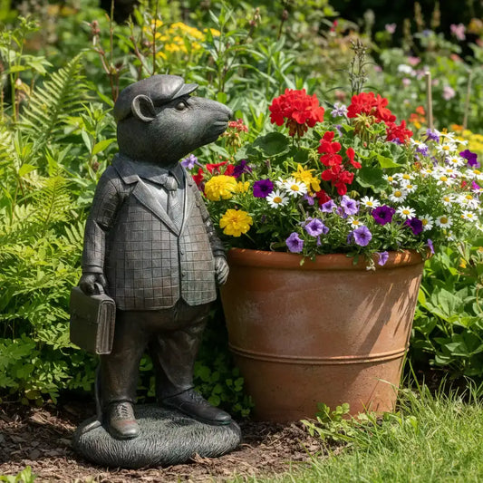 Statue of a mouse in a suit next to a potted plant with flowers in a garden setting