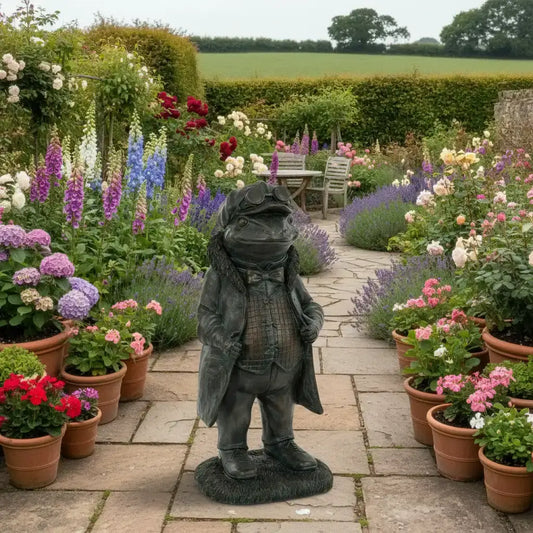Statue of a frog in a suit in a garden with flowers and a table in the background
