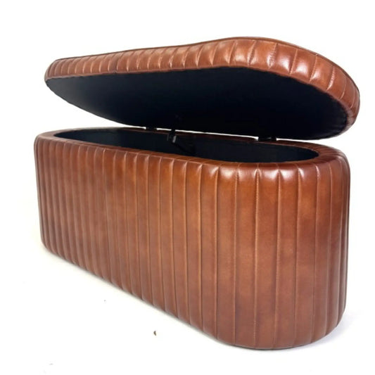 Brown leather ottoman with a hinged lid on a white background