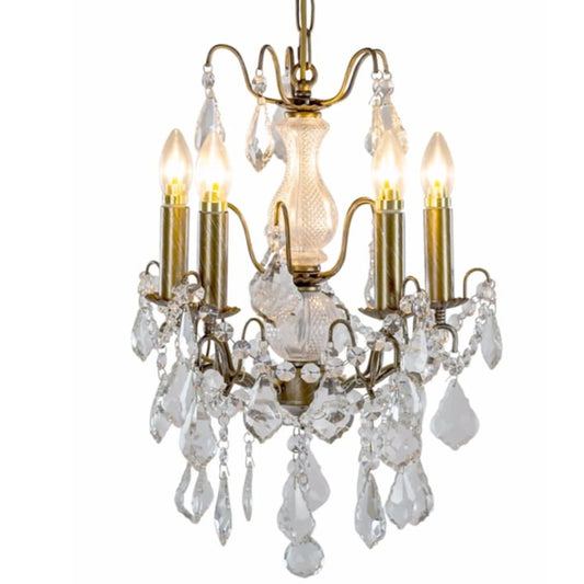A classic six-light crystal chandelier with an antique brass/gold metal frame and clear glass teardrop pendants, shown illuminated against a white background.
