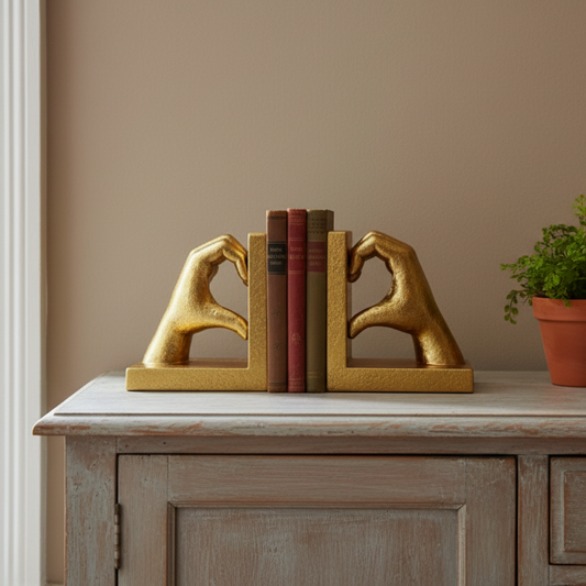 A pair of gold decorative bookends shaped like hands forming heart gestures, holding a set of books on a distressed wood cabinet against a beige wall.