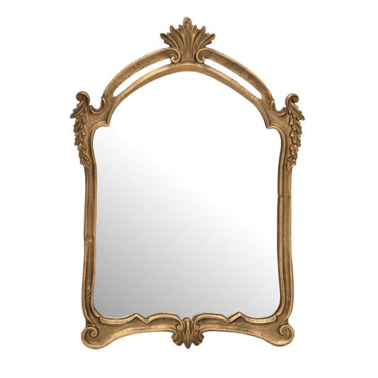 An ornate arched wall mirror with a decorative gold-finished frame featuring sculpted leaf and scroll motifs, shown against a plain white background.