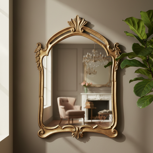 An ornate gold-framed wall mirror with classical baroque-style scrollwork and a leaf crest at the top, mounted on a beige wall. The mirror reflects a softly lit interior with a chair and fireplace, and a green plant is visible on the right side.