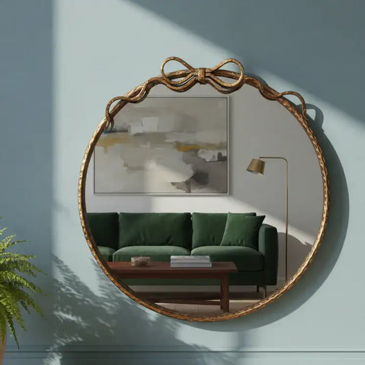 Round gold-framed mirror on a wall with a green sofa and abstract painting in the background.