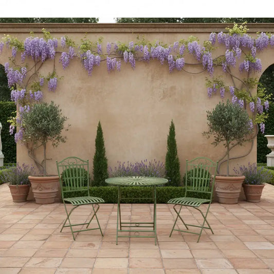 Outdoor patio setting with green chairs and table against a wall with wisteria