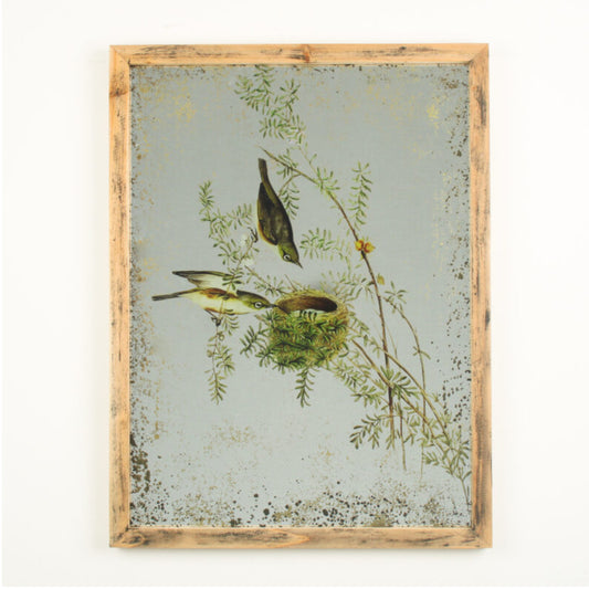 Decorative wall art with birds and a nest on a light background, framed in wood.
