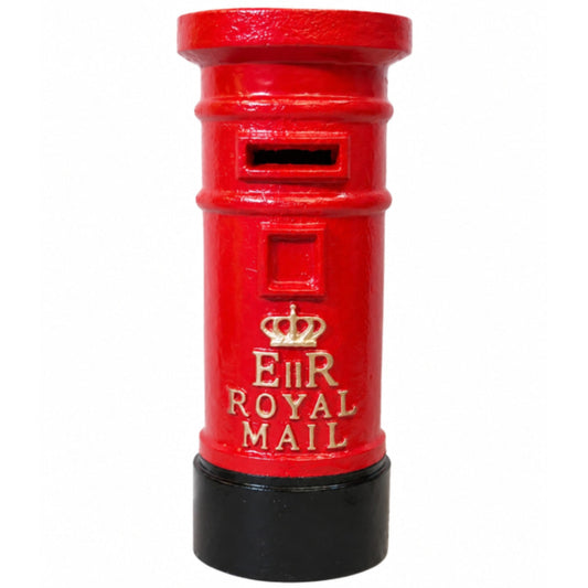 Red Royal Mail mailbox with gold lettering on a white background