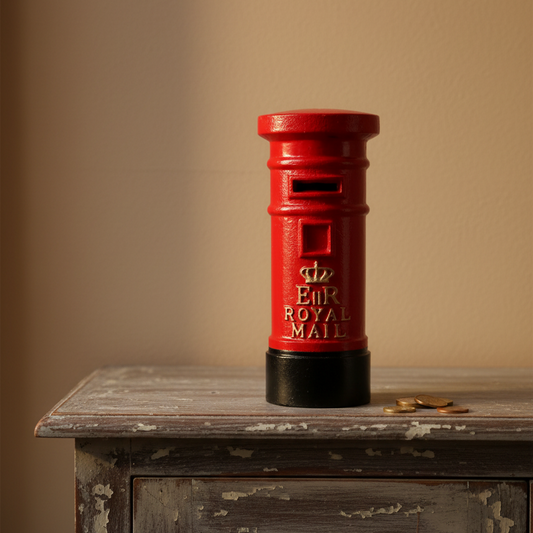 Red Royal Mail postbox on a wooden surface with a beige background