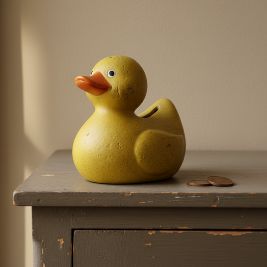 Yellow rubber duck on a wooden surface with a neutral background