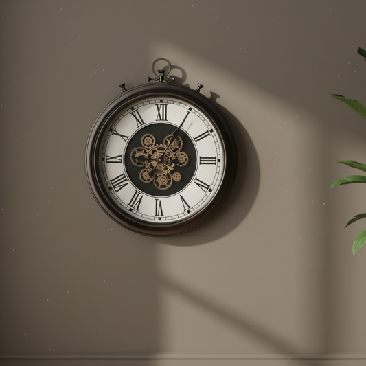 Vintage-style clock with mechanical details on a beige wall