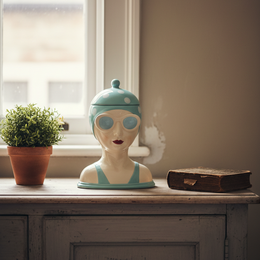 Decorative head sculpture with a blue hat on a wooden surface next to a plant and book.
