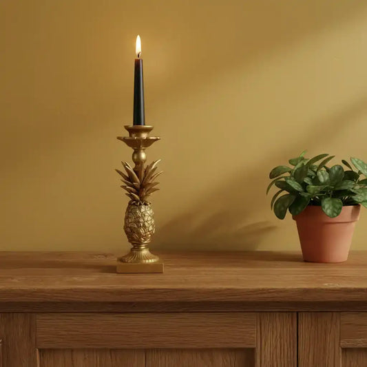 Gold pineapple candle holder with a lit candle on a wooden surface against a beige wall.