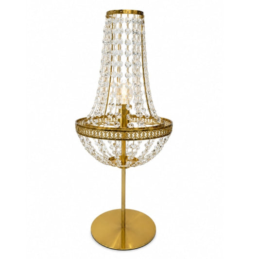 A gold-finished table lamp with a tiered crystal chandelier shade and a round crystal bowl on a matching circular base, shown against a plain white background.