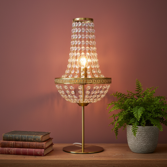 A gold table lamp with a tiered crystal chandelier shade, lit with a warm glow, set on a wooden table next to a potted fern and a stack of vintage books against a dusty rose wall.