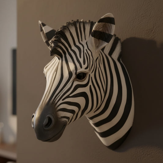 Zebra head sculpture on a wall