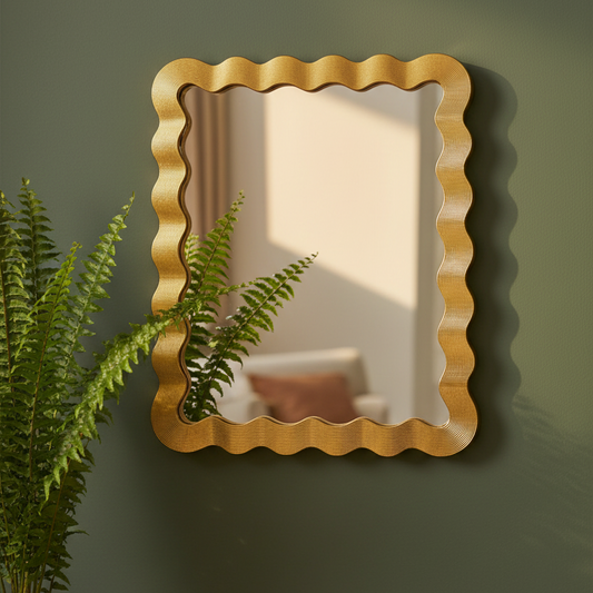 Decorative gold-framed mirror on a green wall with a plant in the foreground.