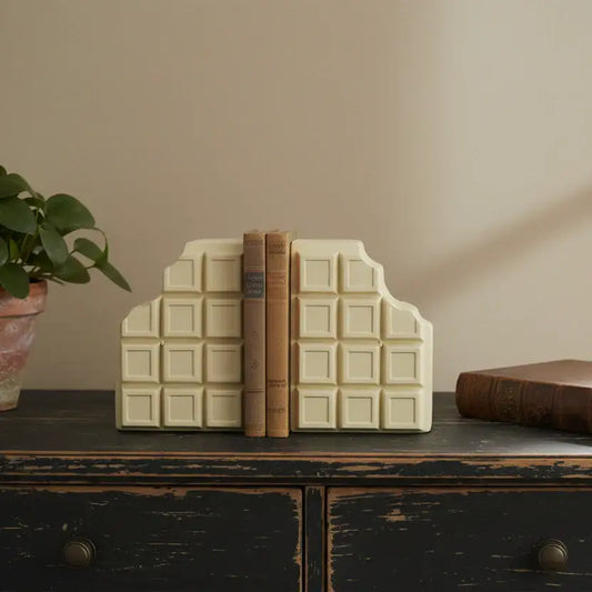 Decorative bookends shaped like a chocolate bar on a wooden surface with books and a plant.