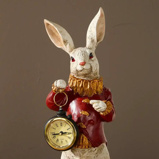 Decorative figurine of a rabbit holding a pocket watch against a brown background