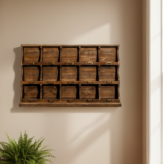RUSTIC WOODEN "ARUNDEL" 15 PIGEON-HOLE WALL STORAGE UNIT