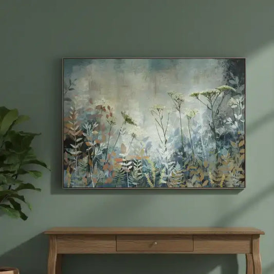 Framed abstract nature artwork on a green wall above a wooden console table.