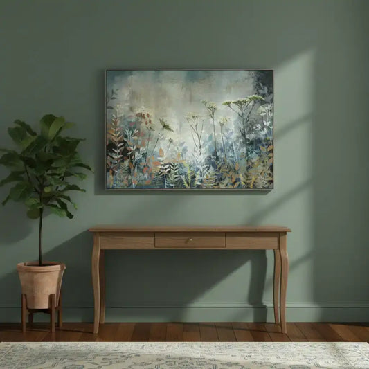Wooden console table with a potted plant and abstract painting on a green wall